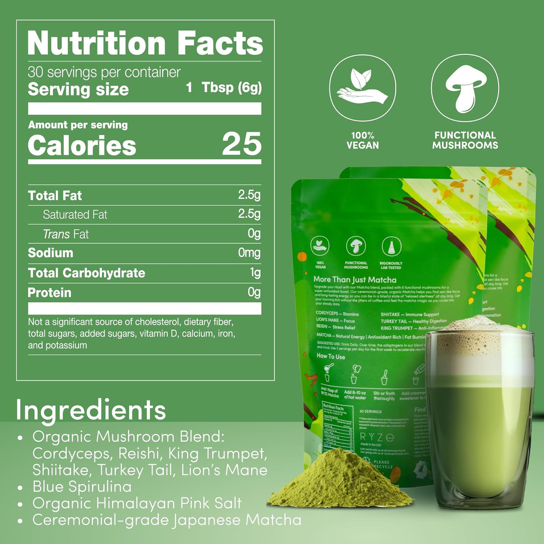 RYZE Mushroom Matcha for Energy 6.35 fl oz. 30 servings (2 Pack)
