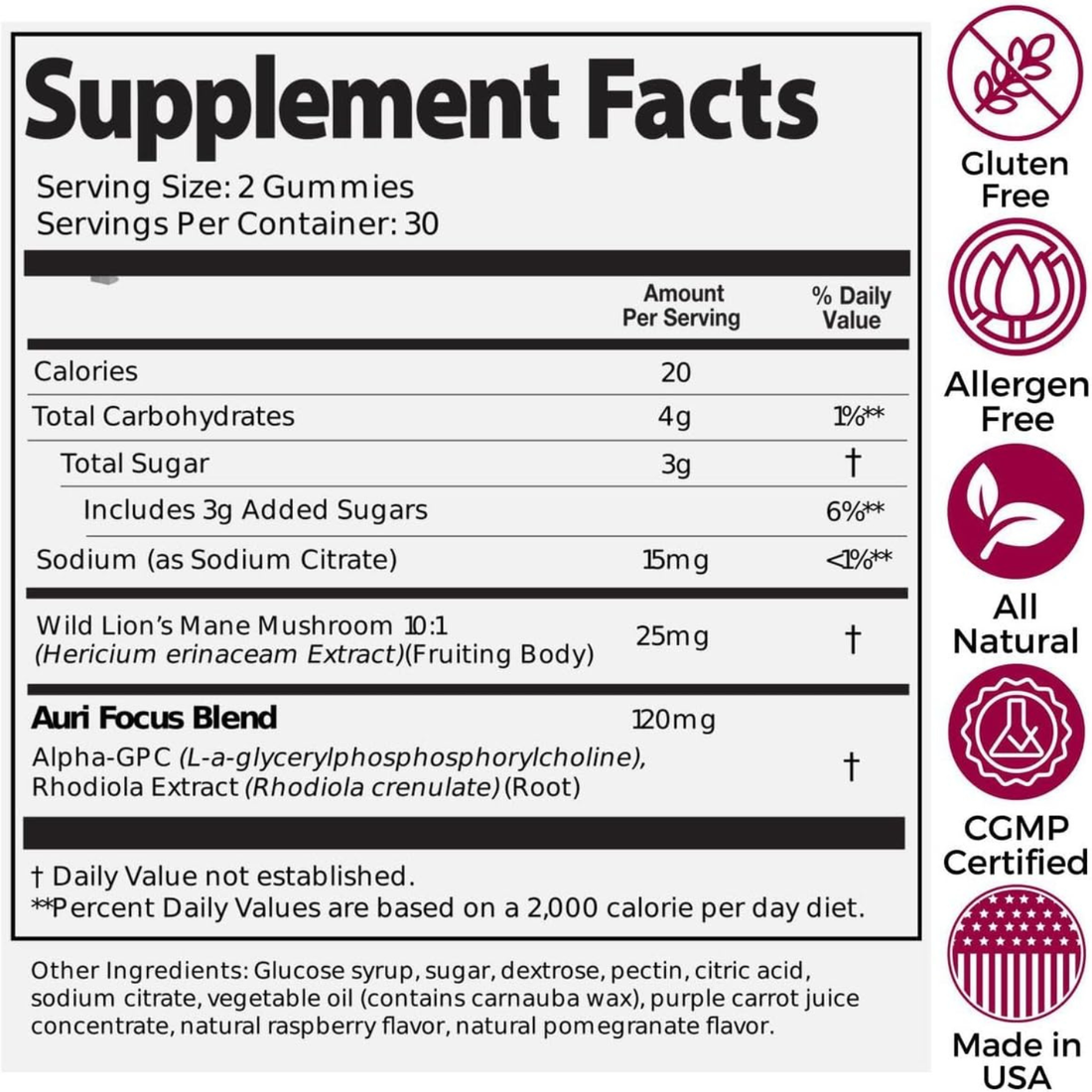Auri Super Mushroom Focus Gummies to Support Cognitive, Mental Clarity, Focus & Energy - 2 Pack Of 60 Gummies