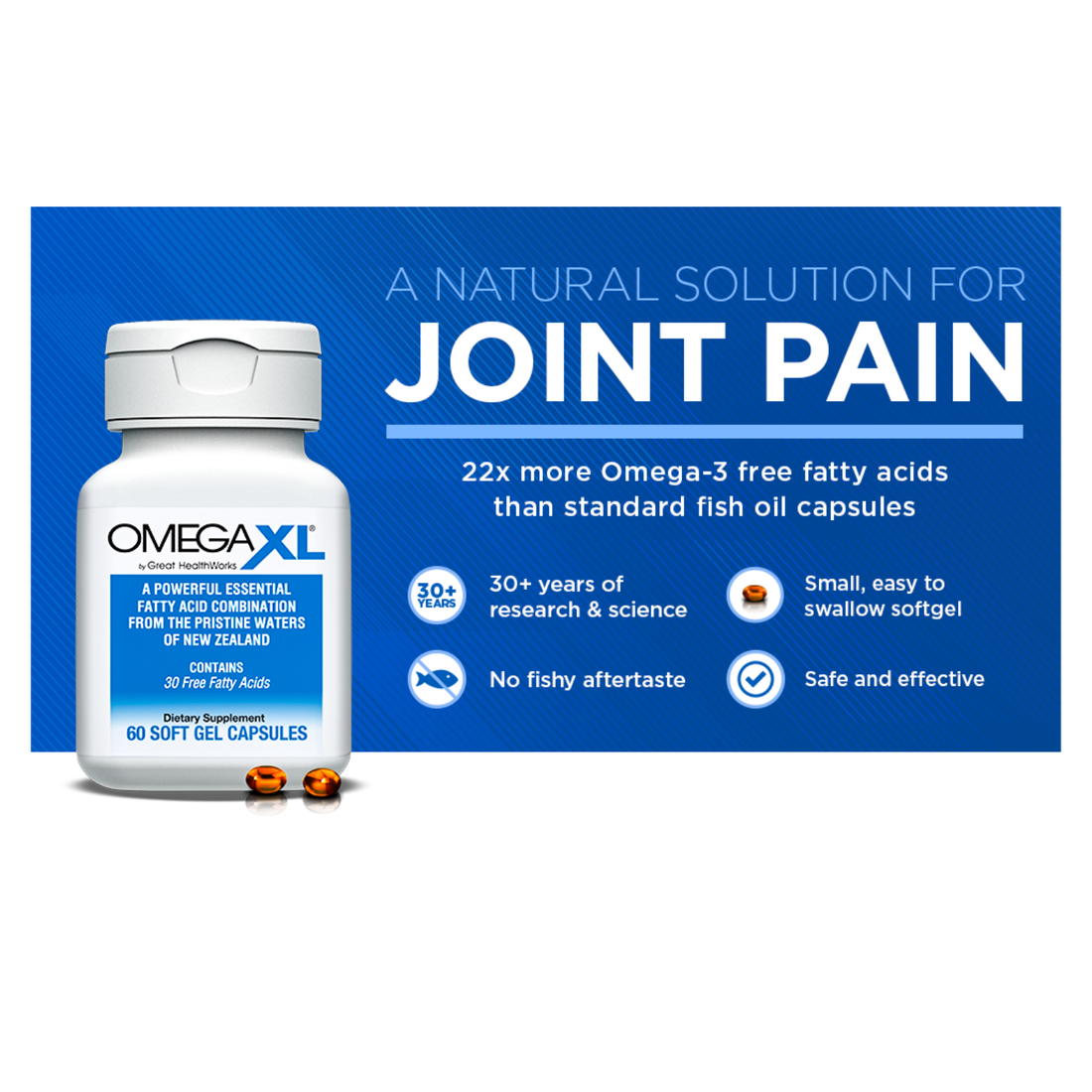 OmegaXL Joint & Muscle Support Supplement 60 Softgels Drug-Free